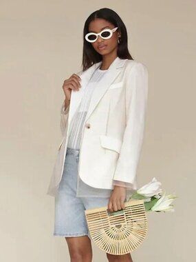 New Avec Les Filles Organza Layered Blazer White Taupe XS